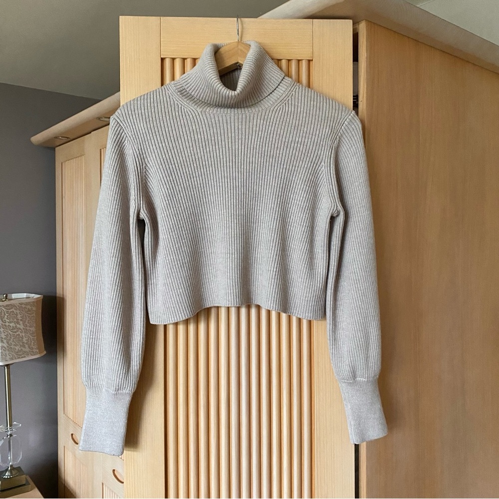 Aritzia wilfred rebecca ribbed turtleneck merino wool sweater grey beige - Picture 3 of 8